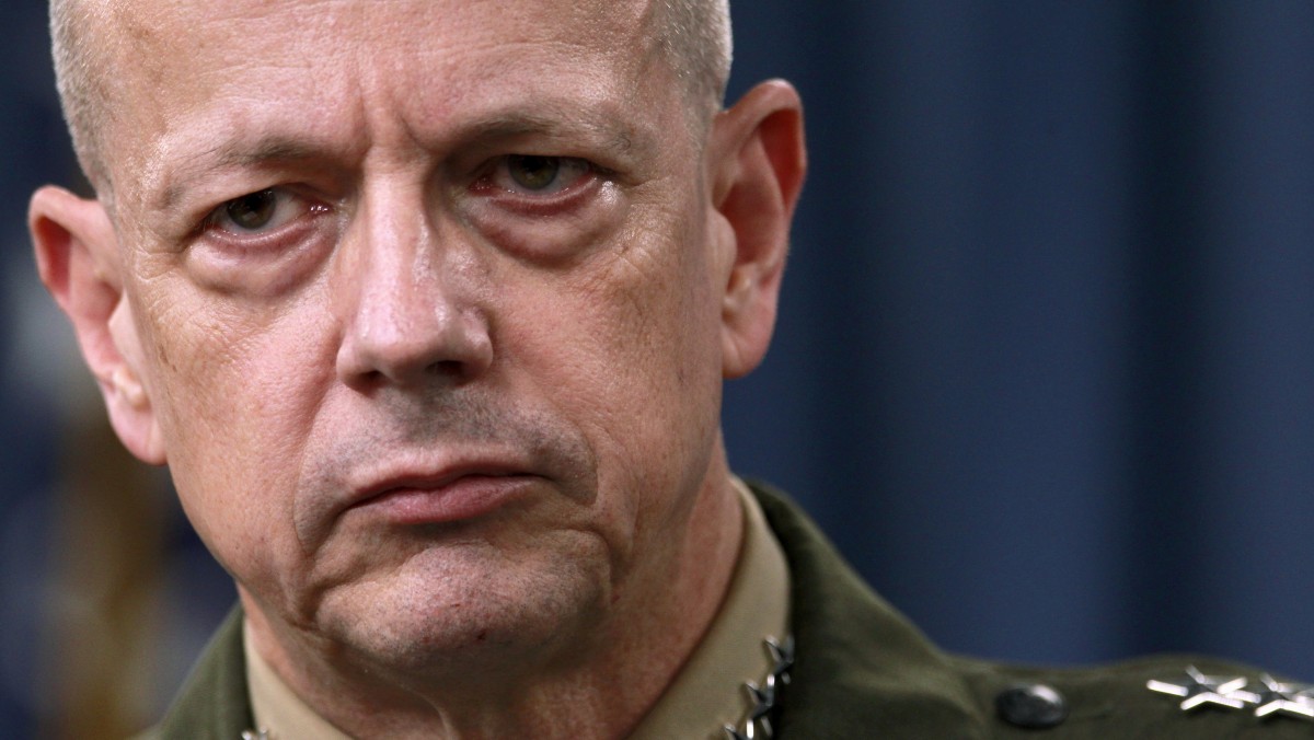 FILE- In this March 26, 2012, file photo, Marine Gen. John Allen, the top U.S. commander in Afghanistan listens during a news conference at the Pentagon in Washington. The Afghan government says it has reached a deal with the U.S. to govern controversial night raids by American forces. (AP Photo/Haraz N. Ghanbari, File)
