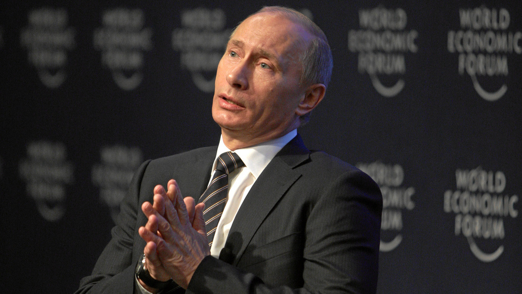 Vladimir Putin, Prime Minister of the Russian Federation holding his opening adress during the 'Opening Plenary of the World Economic Forum Annual Meeting 2009' at the Annual Meeting 2009 of the World Economic Forum in Davos, Switzerland, January 28, 2009. (Photo by World Economic Forum)