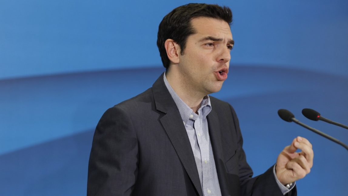 Greek leader of Coalition of the Radical Left party, SYRIZA, Alexis Tsipras, speaks to reporters after meeting with Socialist leader Evangelos Venizelos at the Greek Parliament in Athens, Friday, May 11 2012. (AP Photo/Kostas Tsironis)