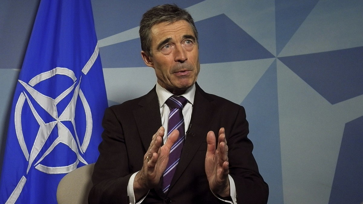 NATO Secretary General Anders Fogh Rasmussen speaks with the Associated Press at NATO headquarters in Brussels on Monday, April 30, 2012. NATO's top official is vigorously defending the alliance's plan for a shield against ballistic missiles, despite two U.S. reports which cast doubt on project's technical and financial feasibility. (AP Photo/Virginia Mayo)