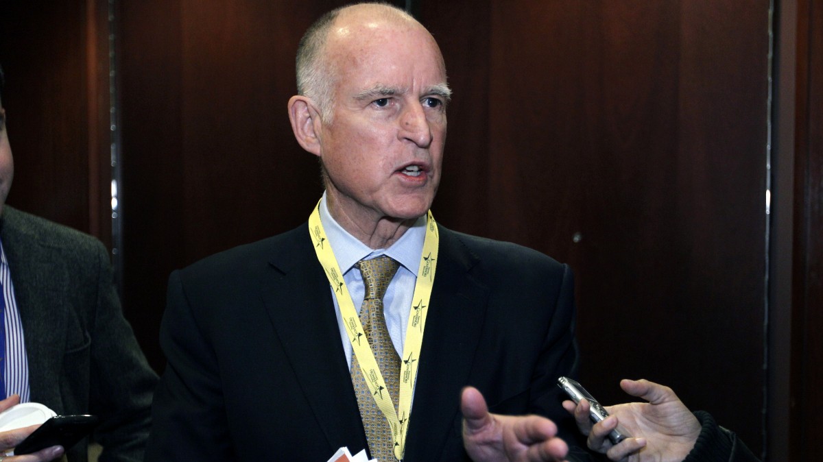 In this Feb. 26, 2012 file photo, California Gov. Jerry Brown speaks with reporters during the National Governors Association winter meeting in Washington. (AP Photo/Jose Luis Magana, File)