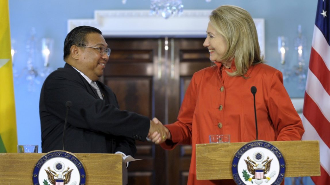 Secretary of State Hillary Rodham Clinton shakes hands with Myanmar's Foreign Minister U Wunna Maung Lwin, Thursday, May 17, 2012, at the State Department in Washington. (AP Photo/Susan Walsh)