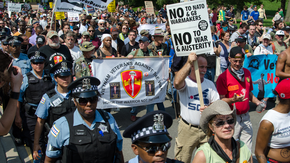 Thousands of Demonstrators march through the streets of Chicago to protest the NATO Summit taking place on May 20, 2012. Numerous anti war groups from around America and other countries are taking place in the protest march. (Photo Norbert Schiller/Mint Press)