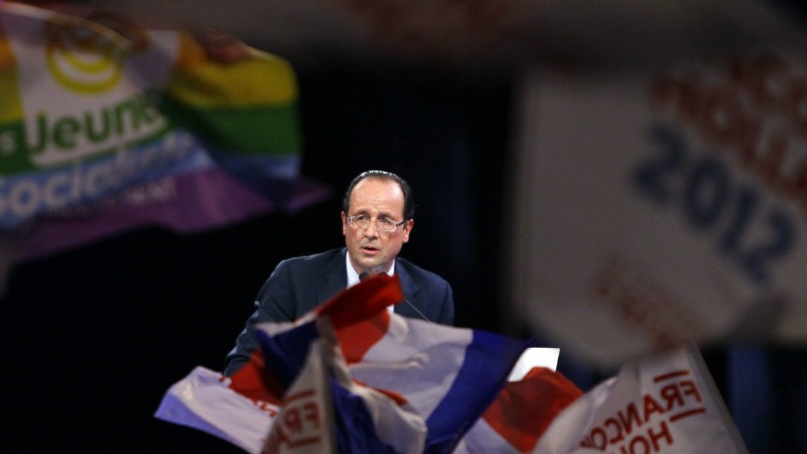 French Socialist Party candidate for the 2012 presidential elections Francois Hollande delivers his speech during a campaign meeting in Lille, northern France, Tuesday, April 17, 2012. The first round of the election will take place on April 22, followed by a second round on May 6, 2012. (AP Photo/Francois Mori)