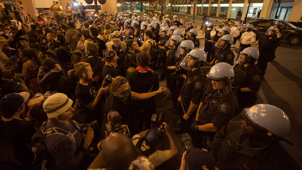 Police block protesters from advancing during demonstrations against the NATO summit Saturday, May 19, 2012. (Photo by Norbert Schiller/Mint Press)