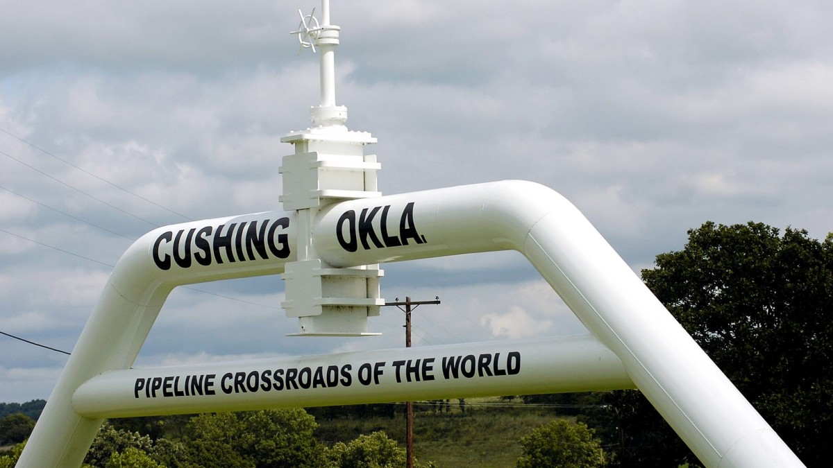 FILE - In this Sept. 15, 2005 file photo, the marker that welcomes commuters to Cushing, Okla. is seen. Canadian company TransCanada says it will build an oil pipeline from Oklahoma to Texas after President Barack Obama blocked the larger Keystone XL pipeline from Canada. The company says the new project does not require presidential approval since it does not cross a U.S. border. The shorter pipeline is expected to cost about $2.3 billion and be completed in 2013. The Obama administration had suggested development of an Oklahoma-to-Texas line to alleviate an oil glut at a Cushing, Okla., storage hub. (AP Photo/The Oklahoman, Matt Strasen, File)