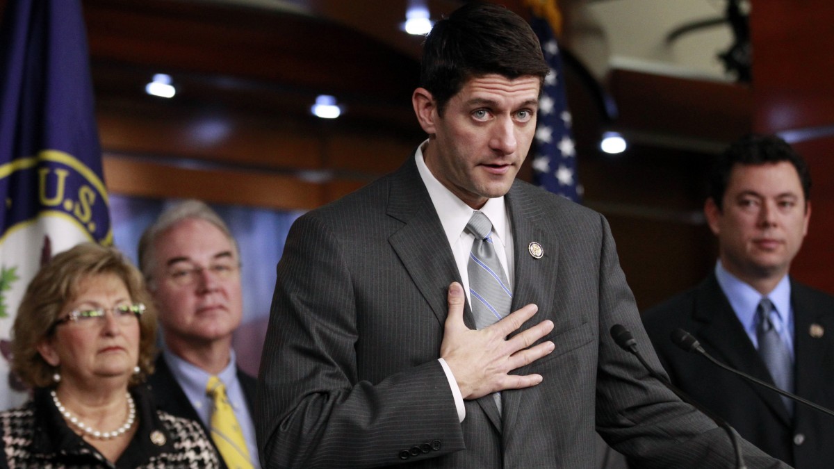 FILE -- In a Dec. 7, 2011 file photo House Budget Committee Chairman Rep. Paul Ryan, R-Wis., second from right, accompanied by fellow committee members, gestures during a news conference on Capitol Hill in Washington . From left are, Rep. Diane Black, R-Tenn., Rep. Tom Price, R-Ga., Ryan, and Rep. Jason Chaffetz, R-Utah. The Republicans who control the House are using cuts to food aid, health care and social services like Meals on Wheels to protect the Pentagon from a wave of budget cuts come January. (AP Photo/Manuel Balce Ceneta, file)