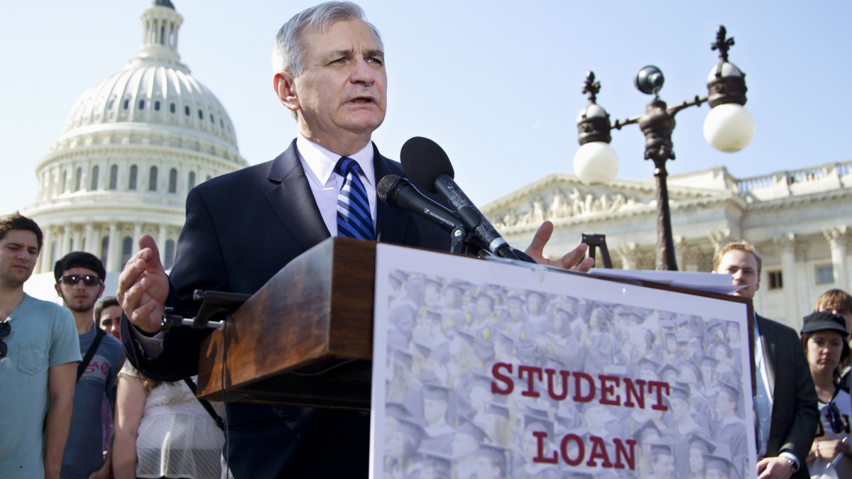 FILE - In this March 13, 2012, file photo Sen. Jack Reed, D-R.I., joins students at a Capitol Hill news conference to announce the collection of over 130,000 letters to Congress to prevent student loan interest rates from doubling this July. With Congress returning from a weeklong spring recess, the Senate plans to vote Tuesday, May 8, on whether to start debating a Democratic plan to keep college loan interest rates for 7.4 million students from doubling. The $6 billion bill would be paid for by collecting more Social Security and Medicare payroll taxes from high-earning owners of some privately held corporations. (AP Photo/Manuel Balce Ceneta, File)
