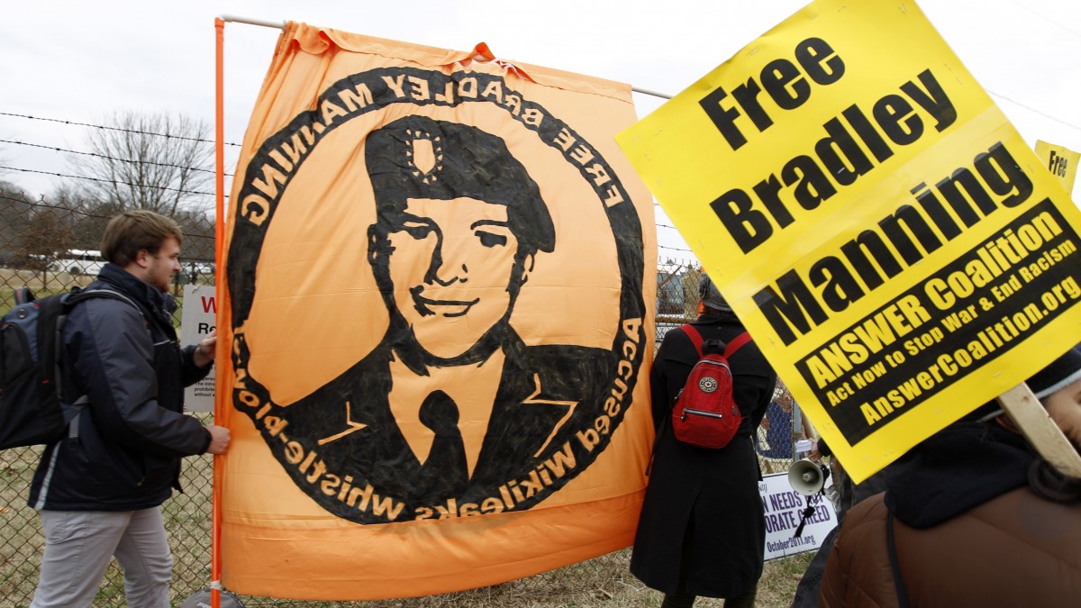 Protestors supporting Pfc. Bradley Manning gather outside Ft. Meade, Md., Saturday, Dec. 17, 2011, where prosecutors begin presenting their case against him as the source for the WikiLeaks website's collection of U.S. military and diplomatic secrets. (AP Photo/Jose Luis Magana)