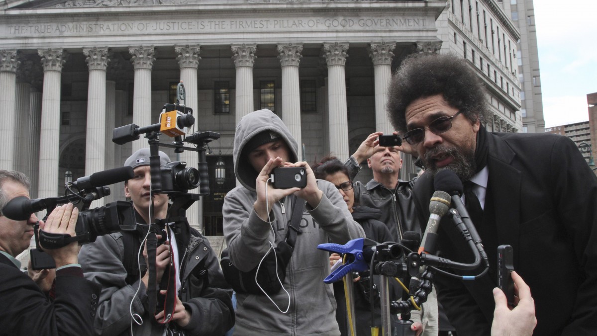 Author and civil rights activist Cornel West speaks to reporters during a news conference, Thursday, March 29, 2012 in New York. Federal Judge Katherine Forrest says she is "extremely skeptical" that a lawsuit can succeed in striking down a law giving the government wide powers to regulate the detention, interrogation and prosecution of suspected terrorists.(AP Photo/Mary Altaffer)