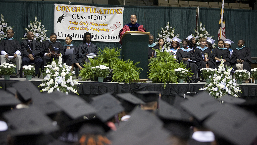 A commencement message is given to graduates. (Photo by Brian K. Slack/Maryland GovPics)