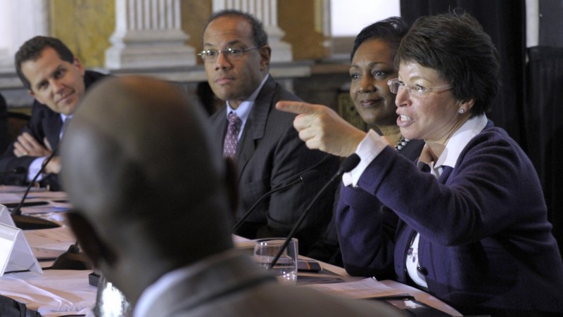 In this Nov. 30, 2010, file photo, White House senior adviser Valerie Jarrett, third from right, speaks during the first meeting of the President's Advisory Council on Financial Capability at the Treasury Department in Washington. More than 60 of Obama's biggest campaign donors have visited the White House more than once for meetings with top advisers, holiday parties or state dinners, a review by The Associated Press has found. (AP Photo/Susan Walsh)