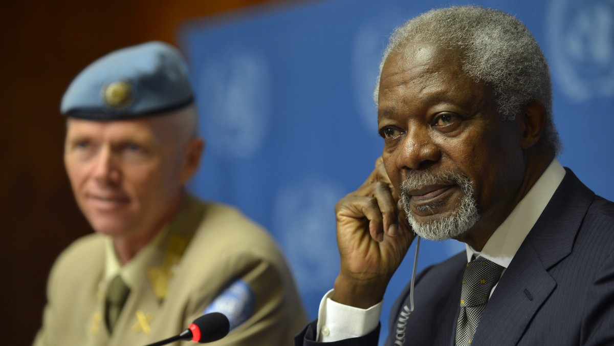 Kofi Annan, right, Joint Special Envoy of the United Nations and the Arab League for Syria, next to Major-General Robert Mood, left, head of the UN Supervision Mission in Syria and Chief Military Observer speaks during a press briefing at the United Nations in Geneva, Switzerland, Friday, June 22, 2012. Annan says he believes Iran should be involved in efforts to end the violence in Syria. He says he is working to convene a so-called `contact group' meeting on Syria in Geneva on June 30. (AP Photo/Keystone, Martial Trezzini)