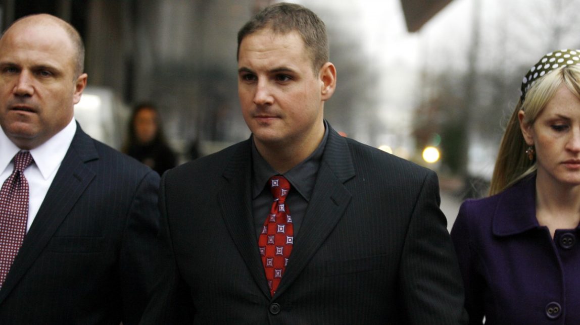 Blackwater Worldwide security guard Donald Ball leave federal court in Washington, Tuesday, Jan. 6, 2009, after pleading not guilty to manslaughter charges. (AP Photo/Jose Luis Magana)