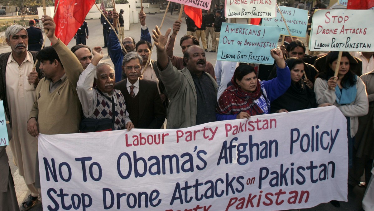 Pakistanis rally against United States and condemned drone attacks on militants in Pakistani tribal areas along the Afghanistan border, Friday, Dec. 4, 2009 in Lahore, Pakistan. (AP Photo/K.M.Chaudary)