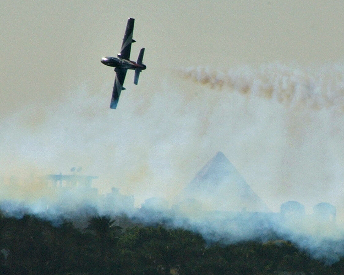 An airforce plane flies over the river Nile in Cairo Wednesday, Oct.6, 2004. Reports from Syrian officials state that Turkey has shot down a Syrian aircraft. (AP Photo/Amr Nabil)