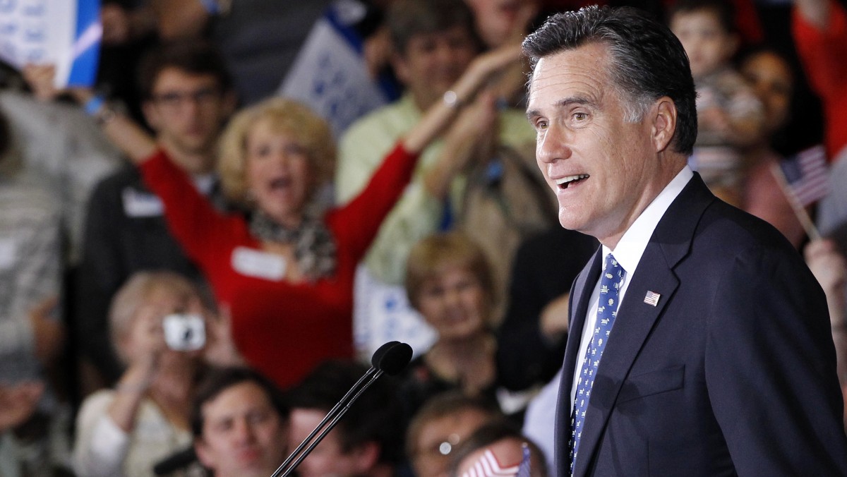 Republican presidential candidate, former Massachusetts Gov. Mitt Romney, celebrates his Florida primary election win at the Tampa Convention Center in Tampa, Fla., Tuesday, Jan. 31, 2012. (AP Photo/Charles Dharapak)