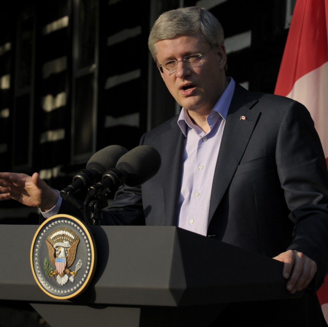 Canada's Prime Minister Stephen Harper speaks to reporters following the G-8 Summit at Camp David, Md., Saturday, May 19, 2012. (AP Photo/Susan Walsh)