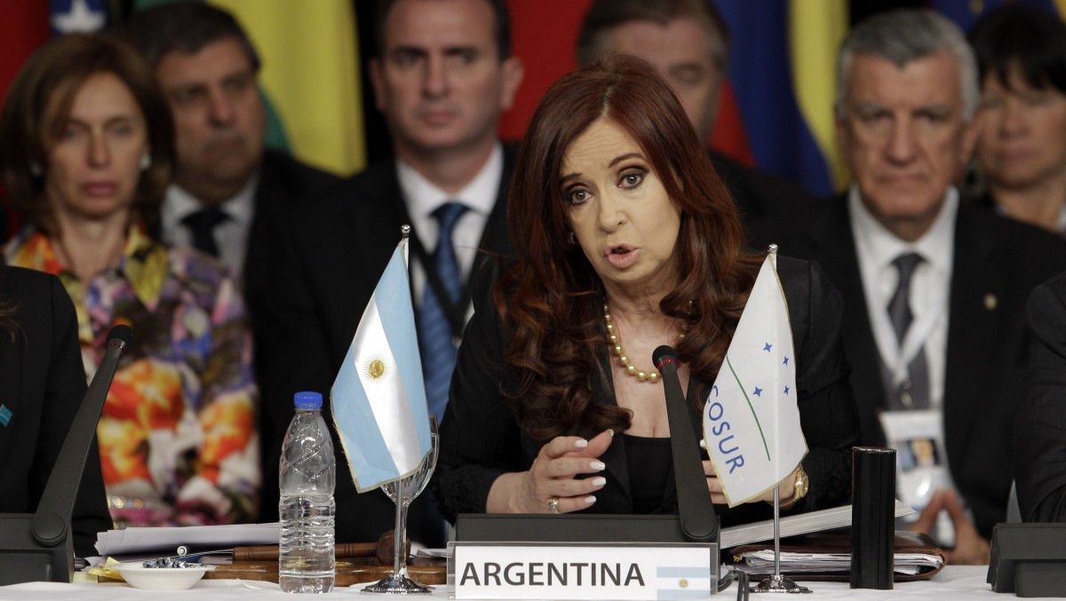 Argentina's President Cristina Fernandez delivers a speech at the Mercosur summit in Mendoza, Argentina, Friday, June 29, 2012. (AP Photo/Natacha Pisarenko)
