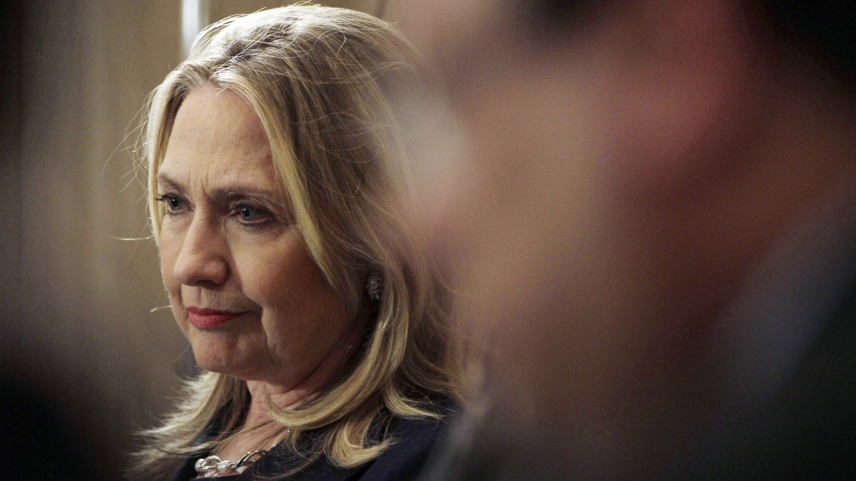 U. S. Secretary of State Hillary Rodham Clinton listens to a question during a joint press conference with Egyptian Foreign Minister Mohammed Kamel Amr, not shown, at the presidential palace in Cairo, Egypt, Saturday, July 14, 2012. (AP Photo/Maya Alleruzzo)