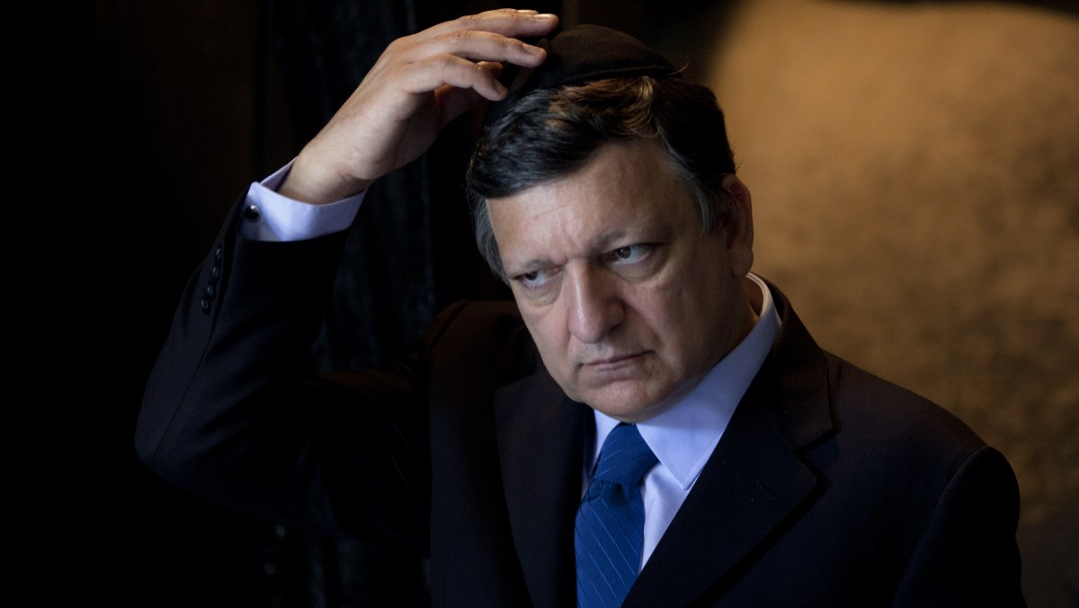 European Commission President Jose Manuel Barroso is seen following a ceremony at the Hall of Remembrance at the Yad Vashem Holocaust memorial, in Jerusalem, Monday, July 9, 2012. (AP Photo/Sebastian Scheiner)