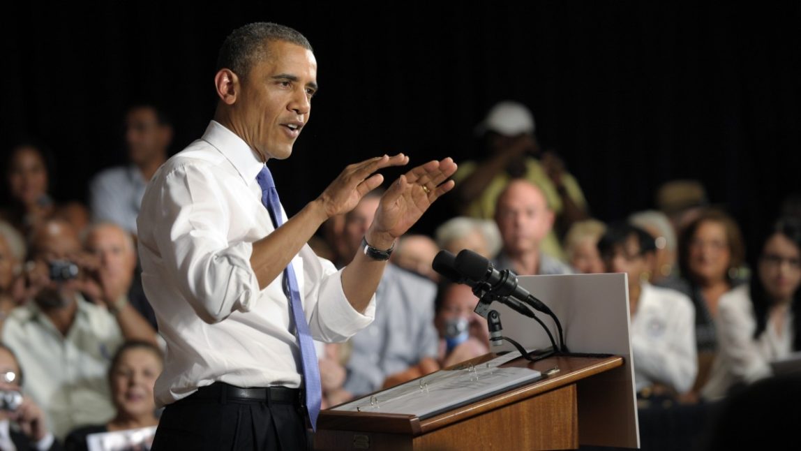 President Barack Obama speaks at a campaign event at the Century Village in West Palm Beach, Fla., Thursday, July 19, 2012. (AP Photo/Susan Walsh)