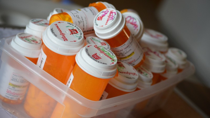 A box of pills shows Kim Hutchens' daily medication regimen for her various conditions, which have puzzled doctors at both the University of Minnesota Medical Center and Mayo Clinic. (Photo by Joey LeMay/MintPress)