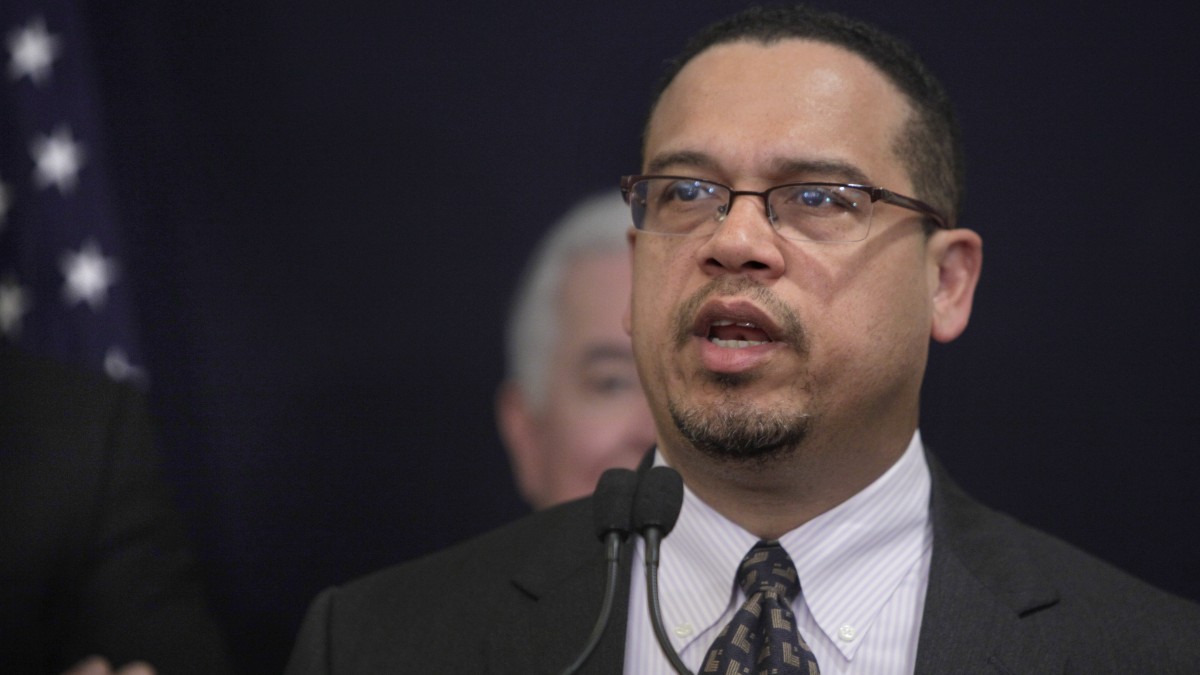 U.S. Rep. Keith Ellison, the first Muslim elected to congress, (D-MN), talks during a press conference with House Minority Leader Nancy Pelosi, not pictured, in Cairo, Egypt, March 15, 2012. (AP Photo/Amr Nabil)