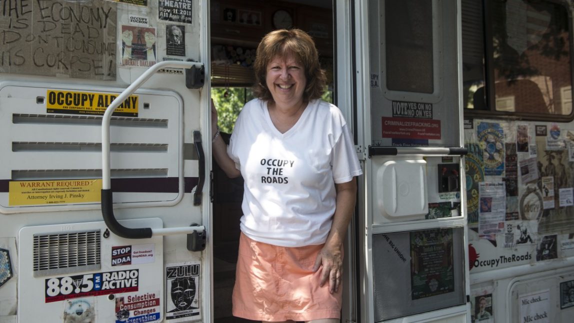 Janet Wilson and her RV, "Who's V? RV!" founded Occupy The Roads and is parked in the Quaker's lot in Philadelphia, PA July, 1, 2012. Wilson has traveled more than 16,000 miles across the United States. (Mannie Garcia/MintPress)