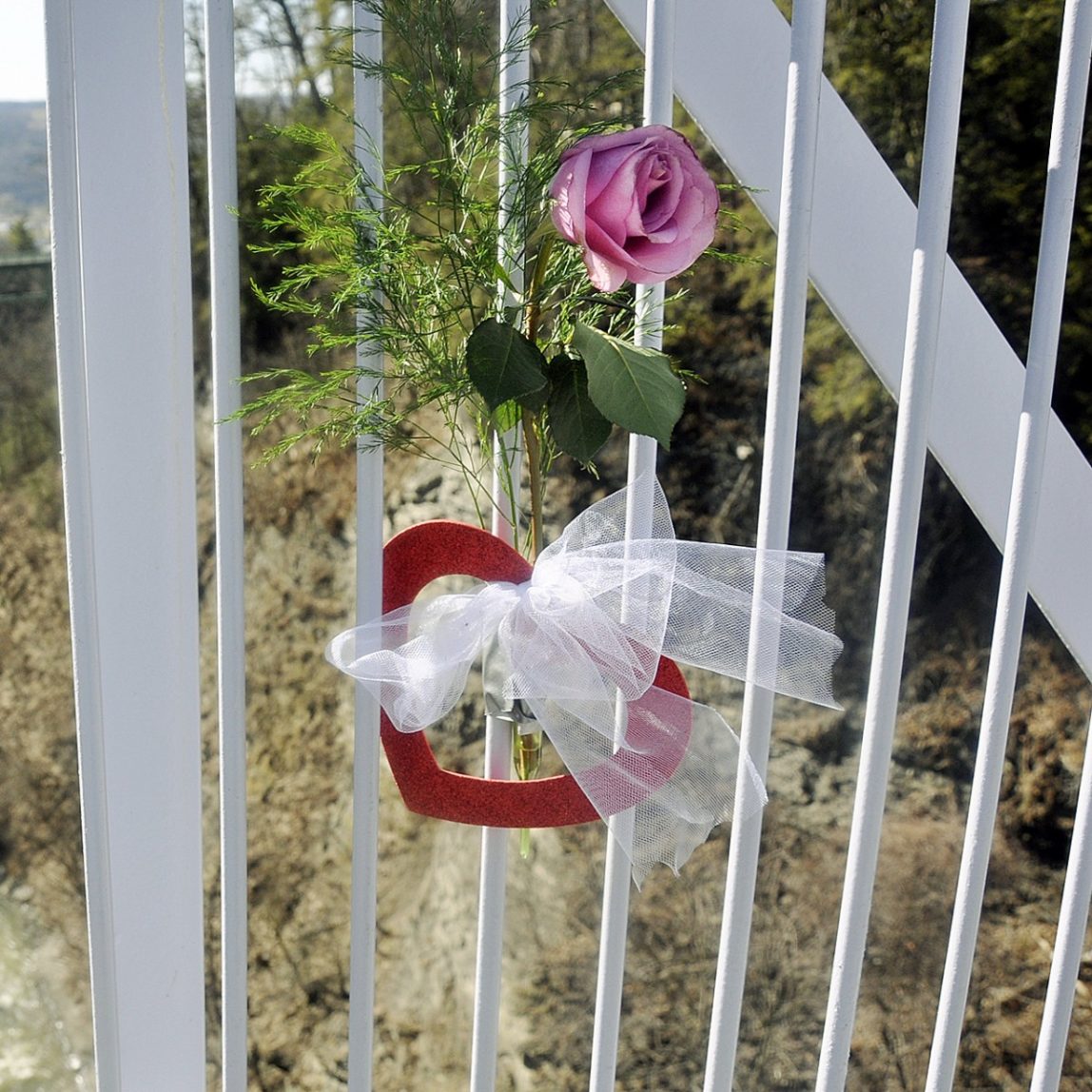 A rose commemorates the place on Cornell University's Suspension Pedestrian bridge where Junior Matthew Zika, 21, of Lafayette, Ind., is believed to have fallen from, Friday, March 12, 2010, into the Fall Creek Gorge seen below. (AP Photo/Heather Ainsworth)