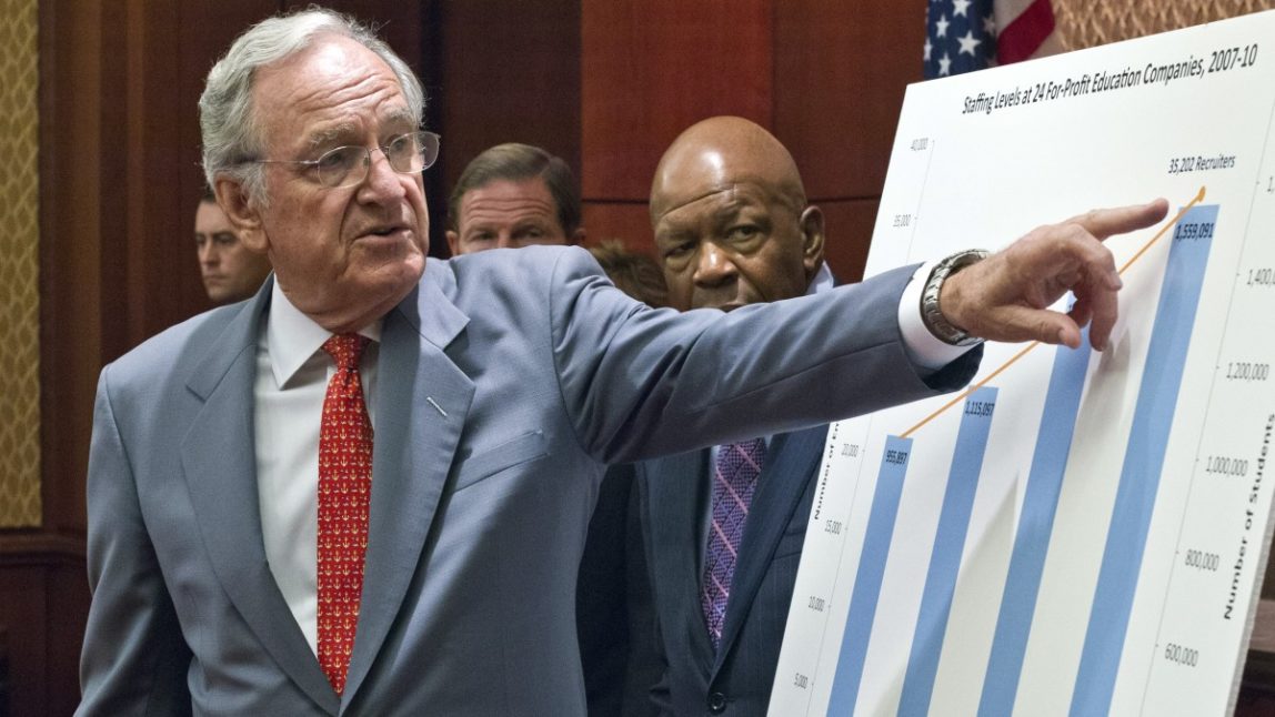 Sen. Tom Harkin, D-Iowa, chairman of the Health, Education, Labor and Pensions Committee, releases a Senate Democratic report asserting that for-profit schools often hit vulnerable students with exorbitant tuition, aggressive recruiting practices, and abysmal student outcomes, on Capitol Hill in Washington, Monday, July 30, 2012. (AP Photo/J. Scott Applewhite)