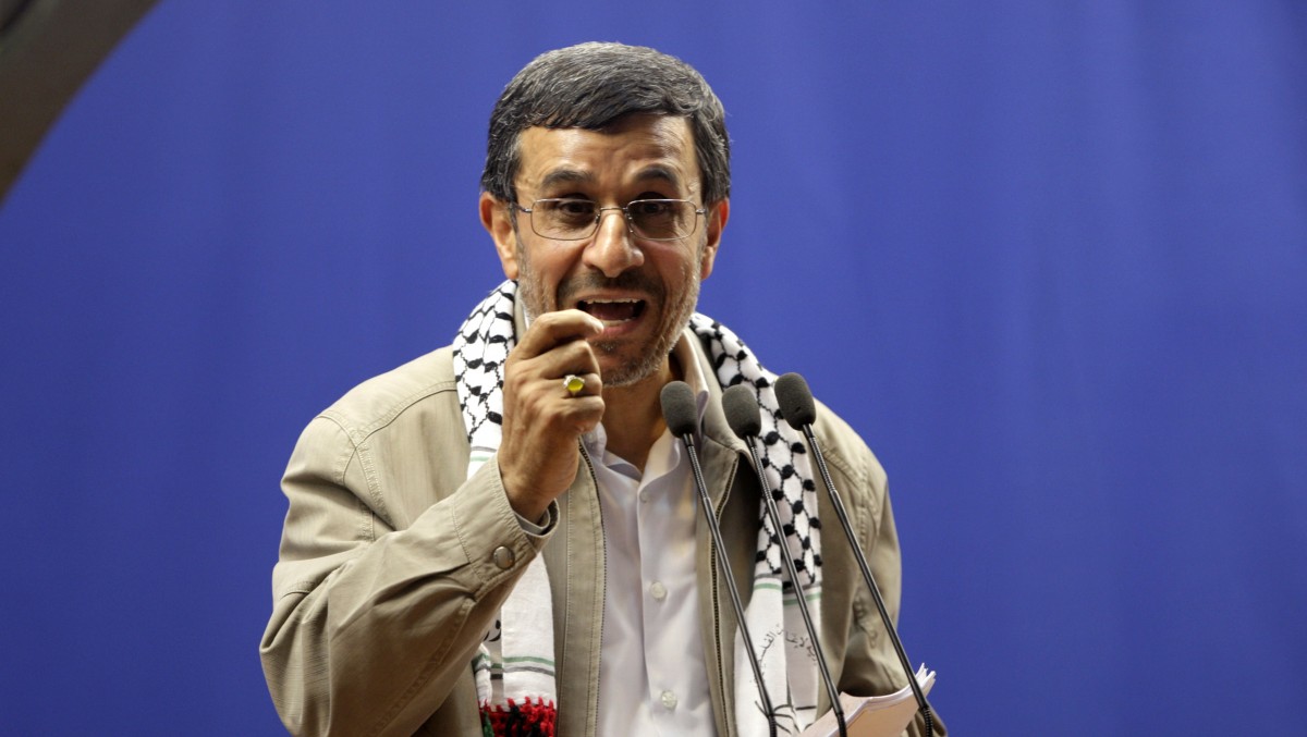 Iranian President Mahmoud Ahmadinejad speaks at the conclusion of an annual pro-Palestinian rally, marking Quds (Jerusalem) Day, on the last Friday of the holy month of Ramadan, at the Tehran University campus, in Tehran, Iran, Friday, Aug. 17, 2012. (AP Photo/Vahid Salemi)