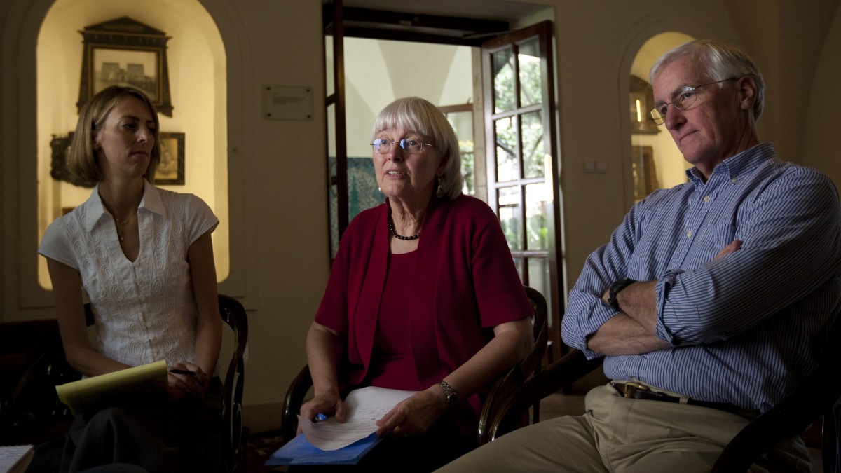 Cindy, center, and Craig Corrie, right, the parents of Rachel Corrie, a pro-Palestinian activist who was killed by an Israeli bulldozer in Gaza in 2003, sit together with their daughter Sarah, during an interview with the Associated Press in Jerusalem, Sunday, Aug. 26, 2012. (AP Photo/Sebastian Scheiner)