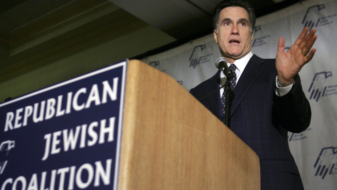 In this Jan. 22, 2008 file photo, Republican presidential candidate, former Massachusetts Gov. Mitt Romney speaks to the Republican Jewish Coalition of Florida in Boca Raton, Fla. (AP Photo/LM Otero)