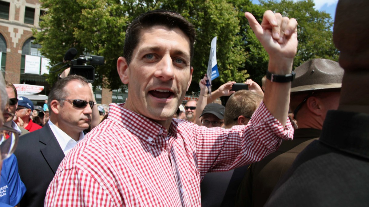 Republican Vice Presidential candidate, Rep. Paul Ryan, R-Wis., makes an appearance at the Iowa State Fair in Des Moines, Monday, Aug. 13, 2012. (AP Photo/Robert Ray)