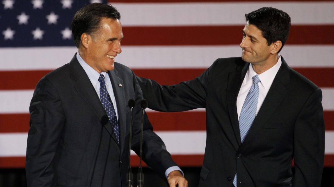 House Budget Committee Chairman Rep. Paul Ryan, R-Wis. introduces Republican presidential candidate, former Massachusetts Gov. Mitt Romney before Romney spoke at the Grain Exchange in Milwaukee, in this April 3, 2012 file photo. (AP Photo/M. Spencer Green, File)
