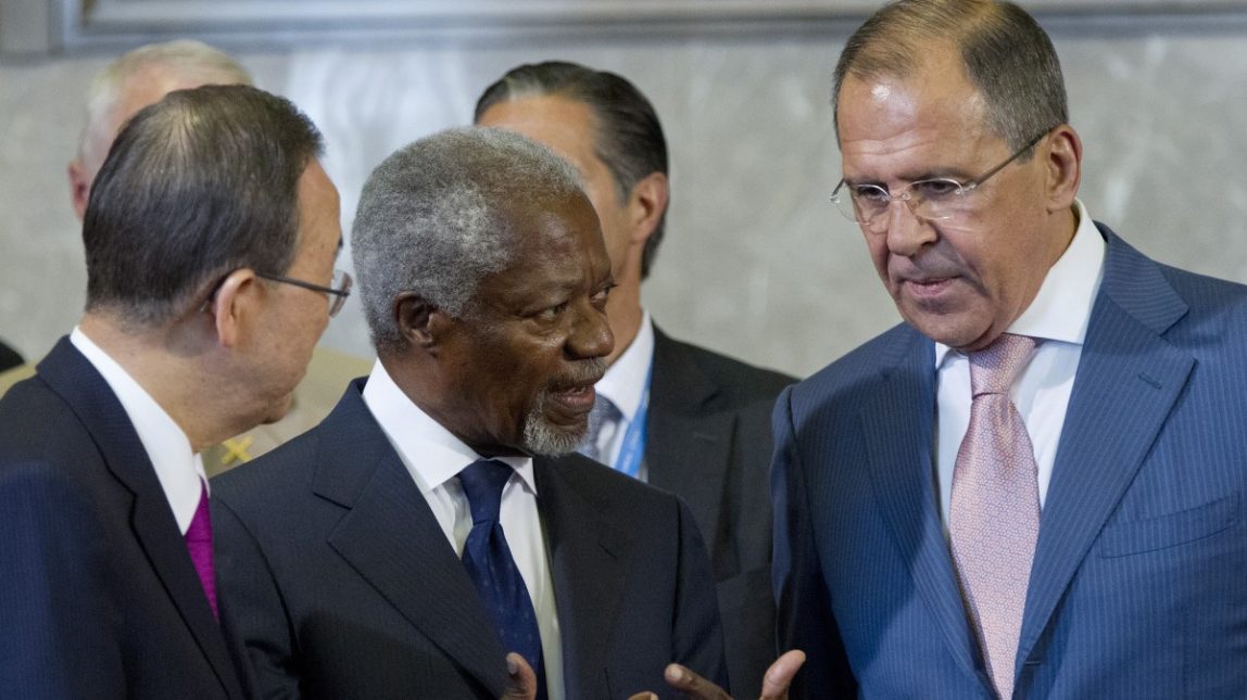 In this June 30, 2012 file photo, Kofi Annan, Joint Special Envoy of the United Nations and the Arab League for Syria, center, speaks with U.N. Secretary-General Ban Ki-moon, left, and Russian Foreign Minister Sergei Lavrov before the start of the Action Group on Syria meeting at the United Nations in Geneva, Switzerland. (AP Photo/Haraz N. Ghanbari, Pool, File)