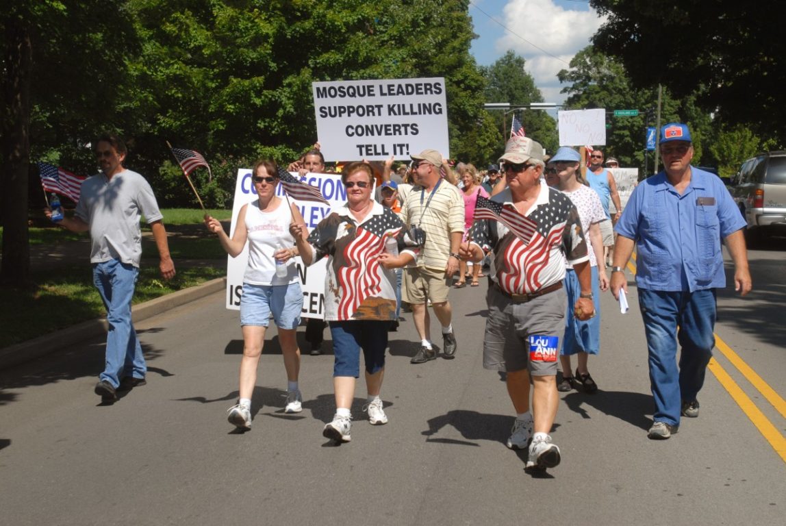 Protesters march during demonstration against a planned mosque and Islamic community center. (AP Photo/Christopher Berkey)