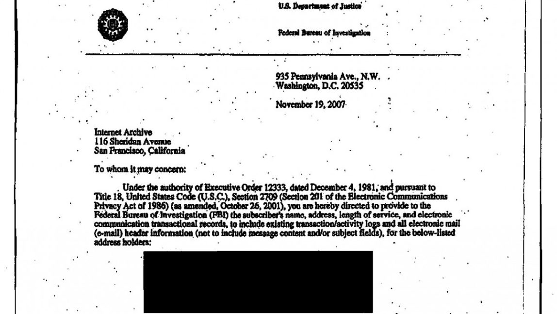This photo shows a portion of a National Security Letter written in November 2007. (Photo from the Federal Bureau of Investigation via Wikimedia Commons)