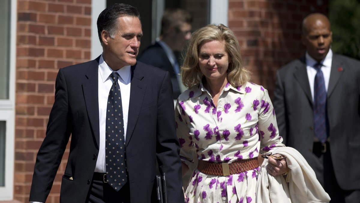 Republican presidential candidate, former Massachusetts Gov. Mitt Romney and his wife Ann, leave the Church of Jesus Christ of Latter-day Saints after services on Sunday, Sept. 2, 2012 in Wofeboro, N.H. (AP Photo/Evan Vucci)