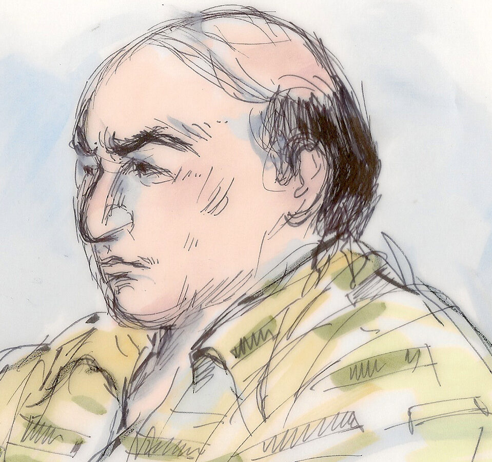 This courtroom sketch shows Nakoula Basseley Nakoula talking with his attorney Steven Seiden, left, in court Thursday Sept. 27, 2012. (AP Photo/Mona Shafer Edwards)