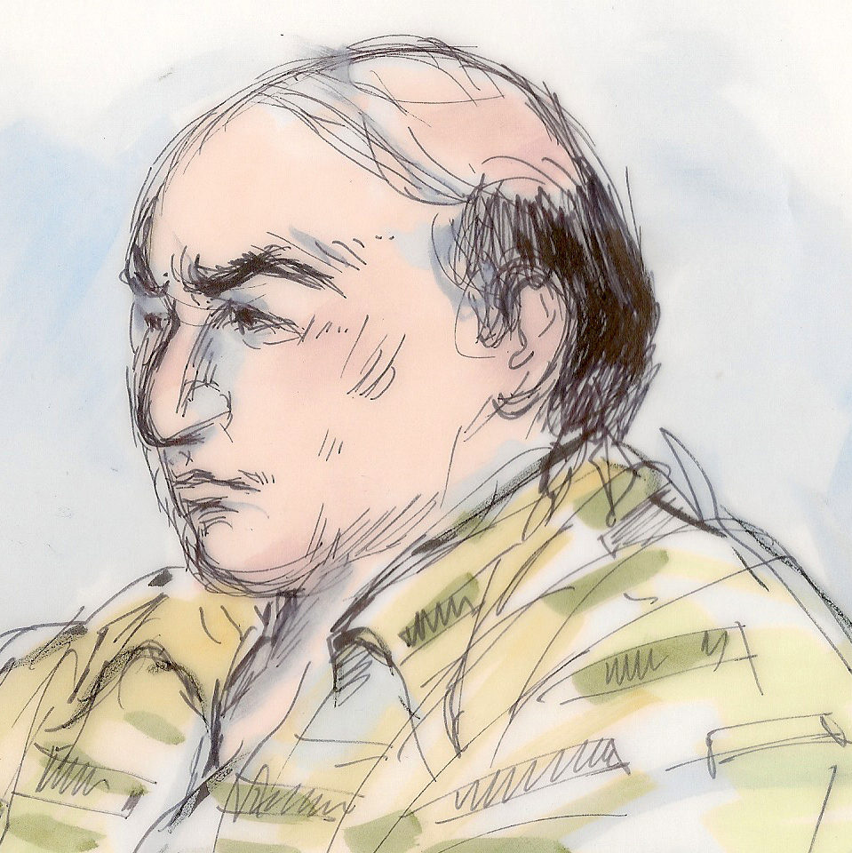 This courtroom sketch shows Nakoula Basseley Nakoula talking with his attorney Steven Seiden, left, in court Thursday Sept. 27, 2012. (AP Photo/Mona Shafer Edwards)