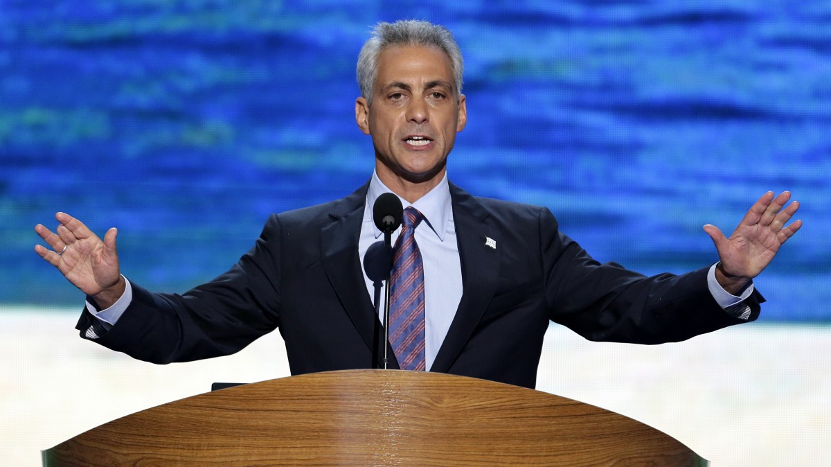 Chicago Mayor Rahm Emanuel addresses the Democratic National Convention in Charlotte, N.C., on Tuesday, Sept. 4, 2012. (AP Photo/J. Scott Applewhite)