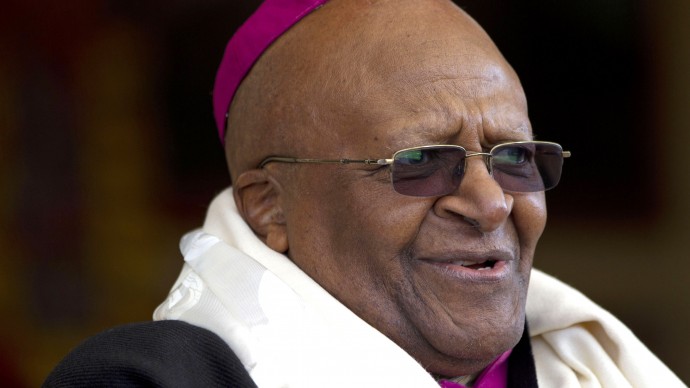 Archbishop Desmond Tutu, who was awarded the Nobel Peace Prize for his part in fighting apartheid, speaks during a felicitation event for him in Dharmsala, India, in this Feb. 10, 2012 file photo. (AP Photo/Ashwini Bhatia, File)