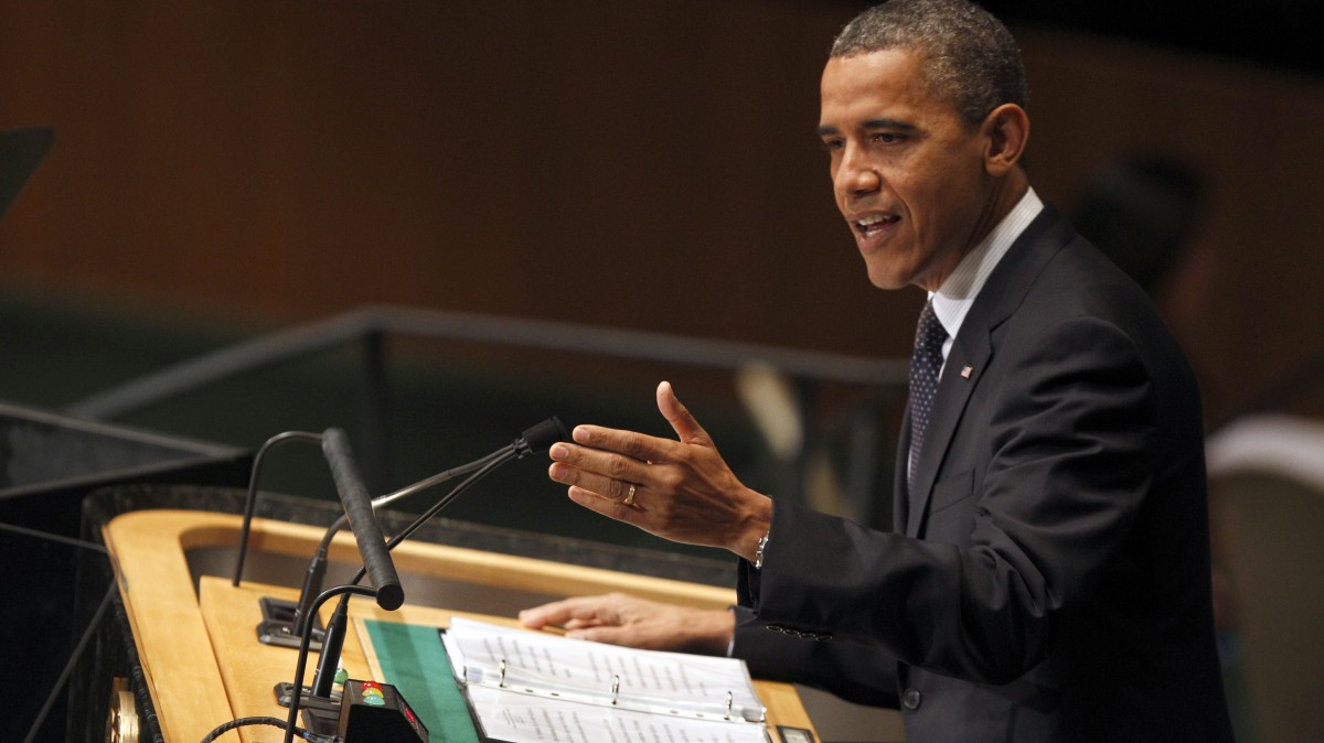 President Barack Obama addresses the 67th session of the United Nations General Assembly at U.N. headquarters Tuesday, Sept. 25, 2012. (AP Photo/Mary Altaffer)