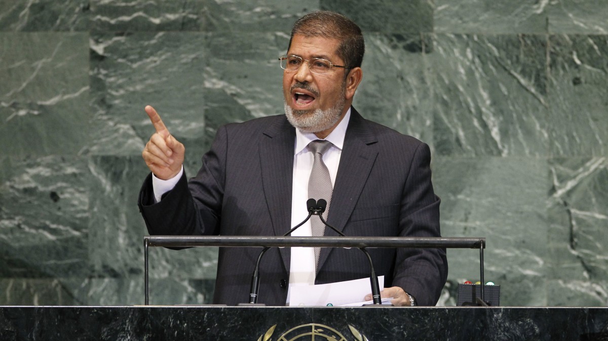 Mohammed Morsi, President of Egypt, addresses the 67th session of the United Nations General Assembly at U.N. headquarters, Wednesday, Sept. 26, 2012. (AP Photo/Jason DeCrow)