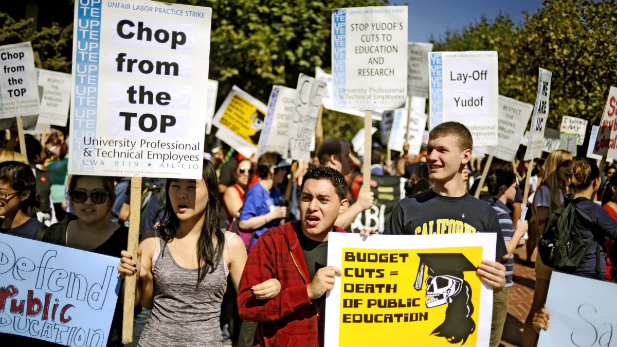 In this Sept. 24, 2009 file photo, Students, professors and employees from the University of California's 10 campuses protest budget cuts that have led to layoffs, furloughs, course reductions and higher fees in Berkeley, Calif.(AP Photo / Russel A. Daniels, file)