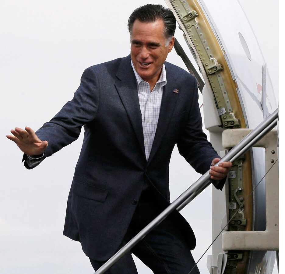 In these Sept. 2012, file photos Republican presidential candidate Mitt Romney, left, boards a plane in Denver, Colo, and President Barack Obama gets off a plane in Tampa, Fla., during an intense campaign in competitive states. (AP Photos)