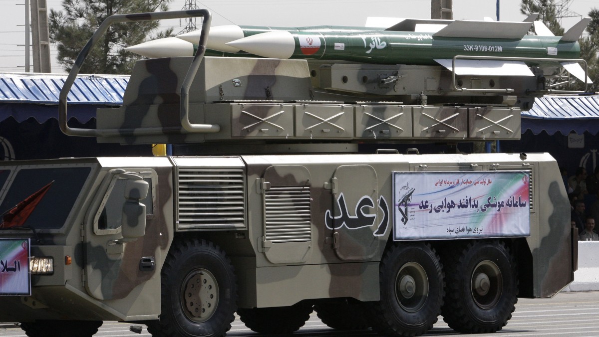 A Raad air defense system with Taer missiles is displayed by Iran's Revolutionary Guard, during a military parade commemorating the start of the Iraq-Iran war 32 years ago, in front of the mausoleum of the late revolutionary leader Ayatollah Khomeini, just outside Tehran, Iran, Friday, Sept. 21, 2012. (AP Photo/Vahid Salemi)