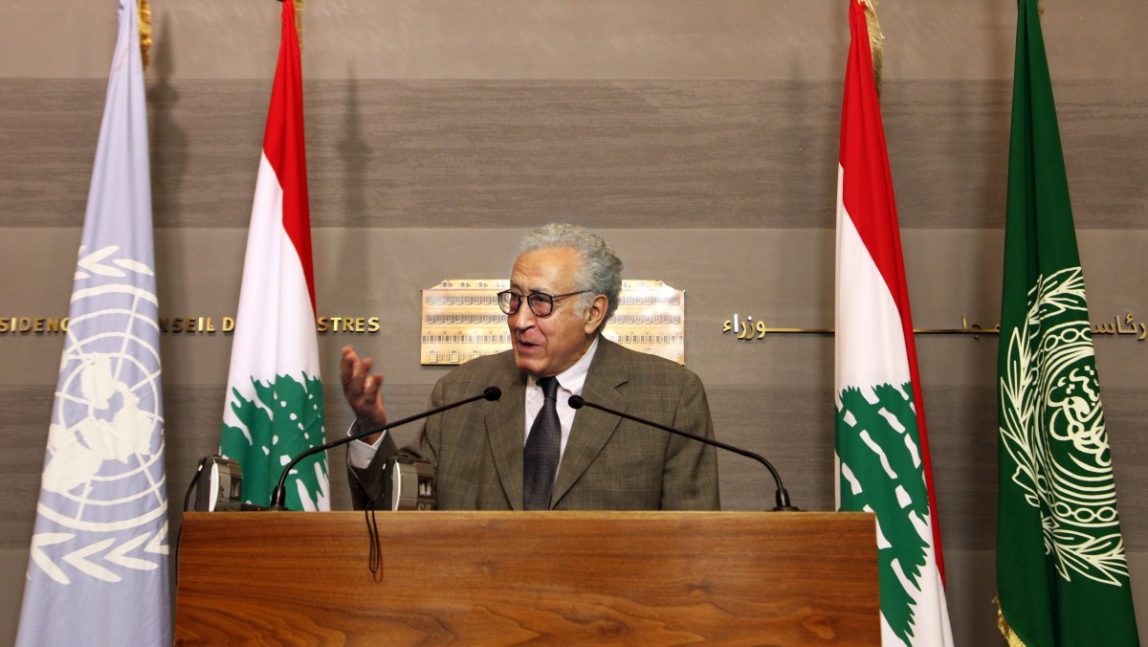 UN Arab League deputy to Syria, Lakhdar Brahimi, speaks during a press conference after meeting Lebanese Prime Minister Najib Mikati, at the government palace, in Beirut, Lebanon, Wednesday, Oct. 17, 2012. (AP Photo/Bilal Hussein)